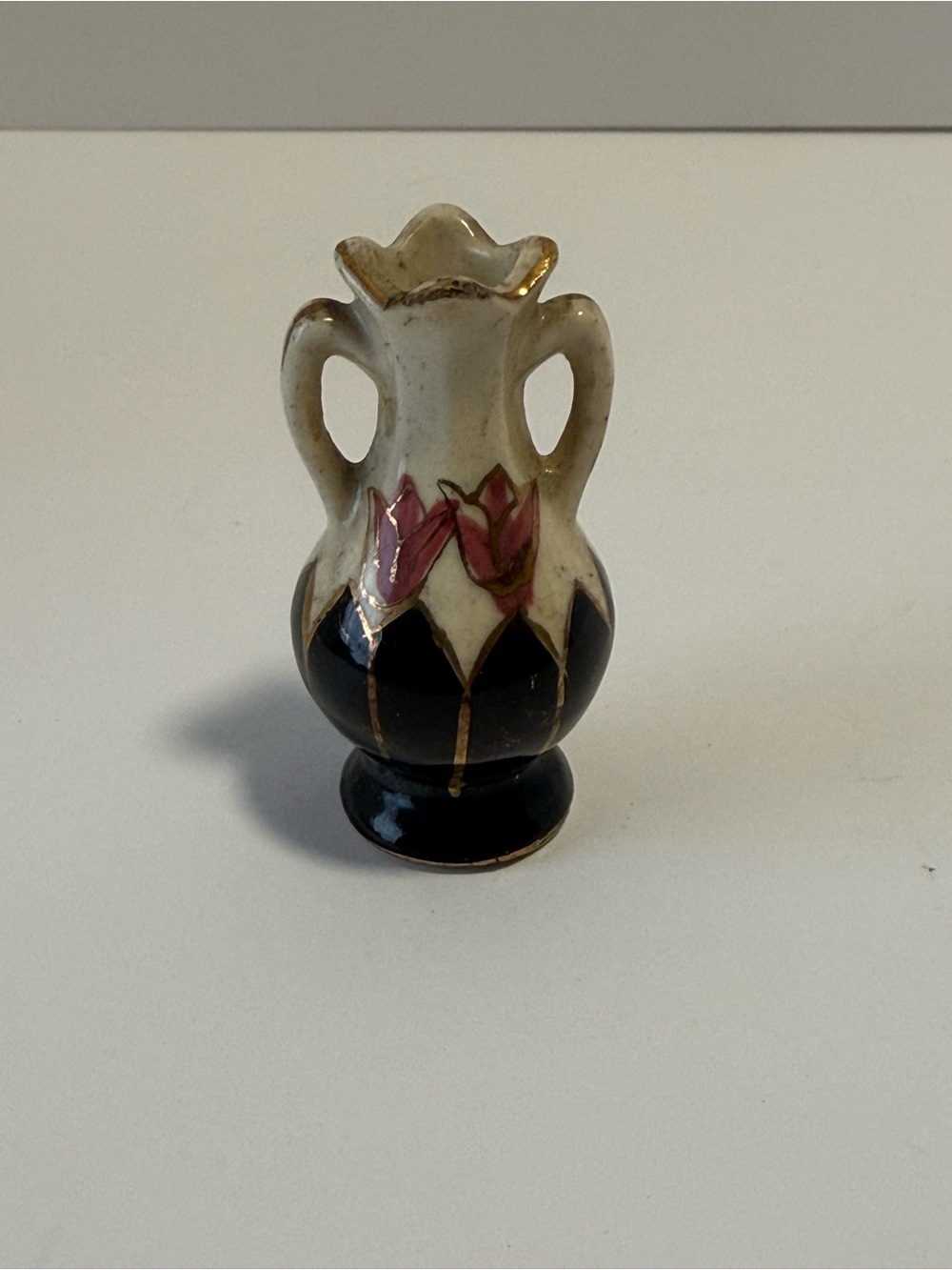Vintage Occupied Japan Miniature Bud Vase Black Gold Hand Painted Pink Tulips